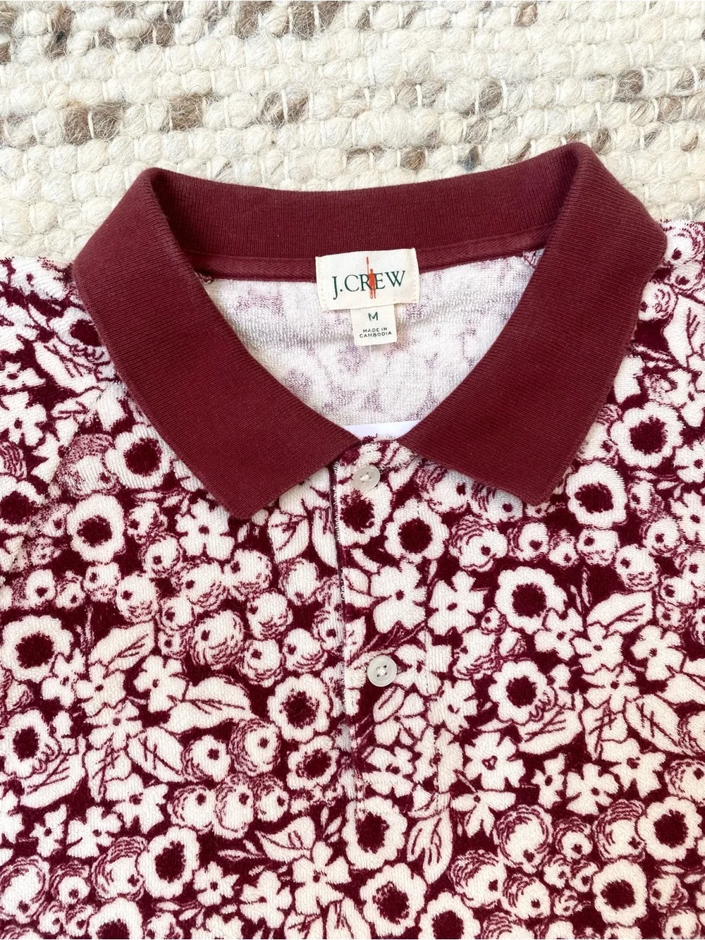 J.Crew NWOT Burgundy Cream Floral Terry Polo Shirt M